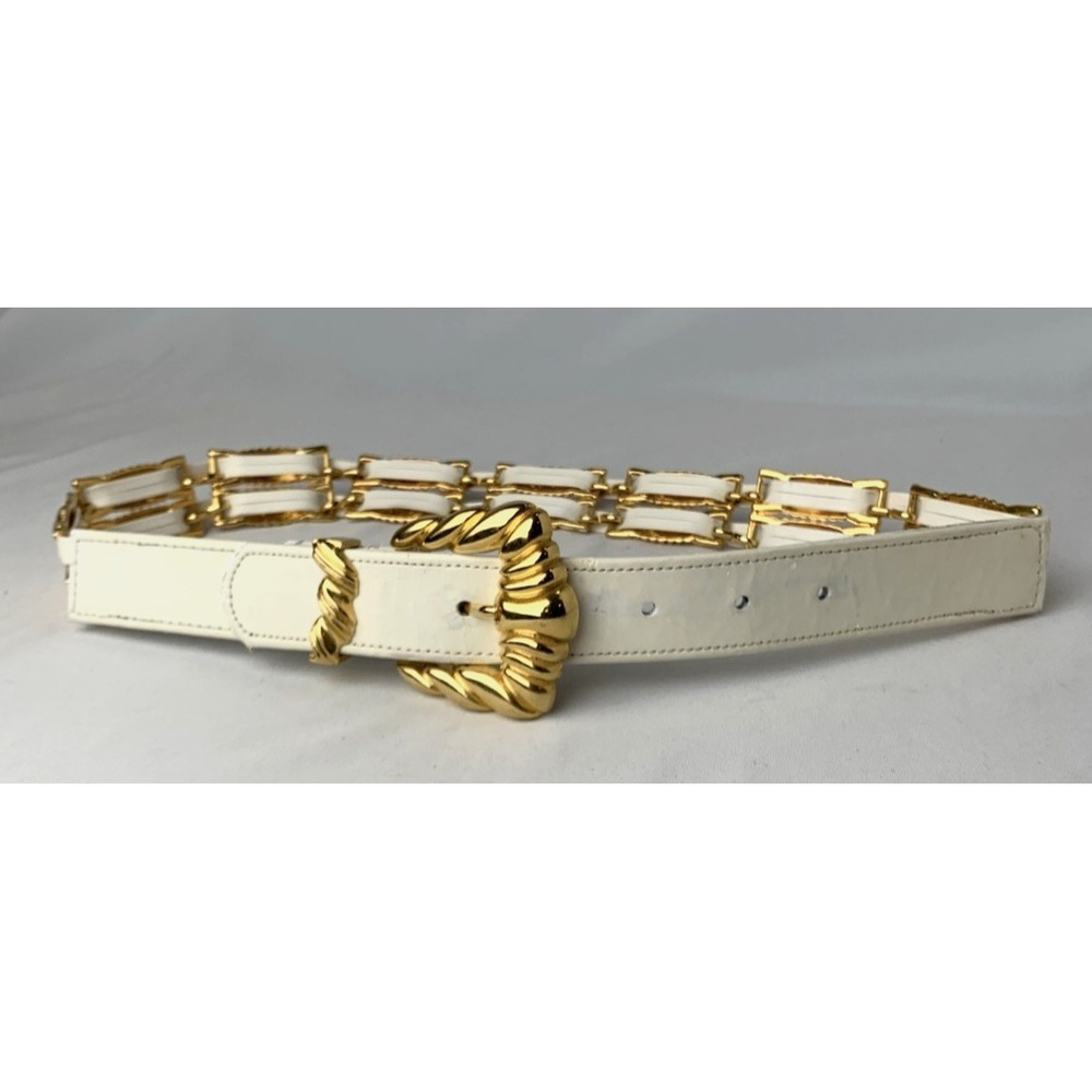 Captiva Leather Metal Link Belt Womens Small White Goldtone Vintage 80s Glam